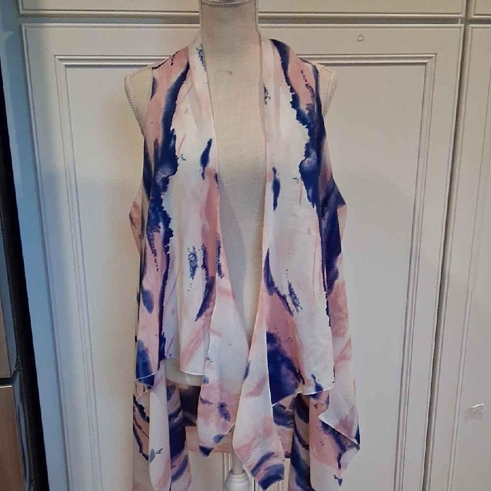 Pink and Blue Tie-Dye Sleeveless Cardigan